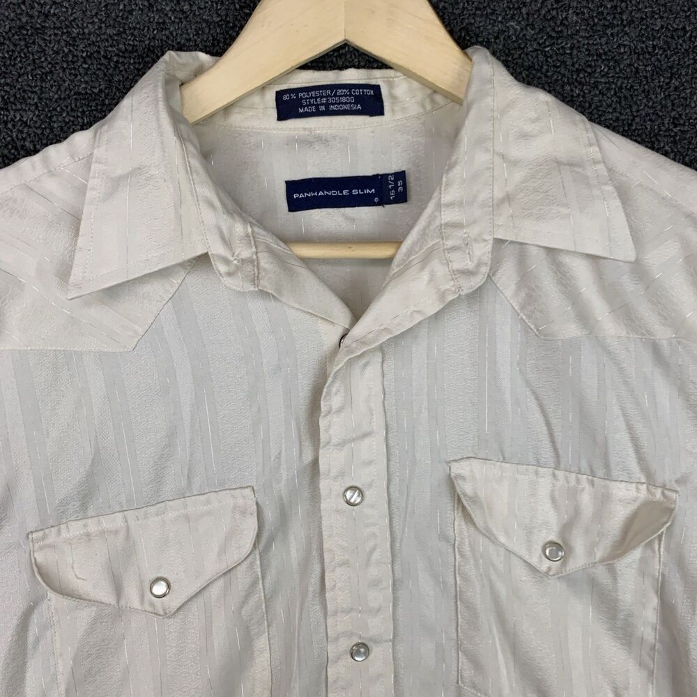 Vtg Men’s Panhandle Slim Pearl Snap Cream Cowboy Shirt SZ L / 16.5 -35 Silver - Picture 3 of 13